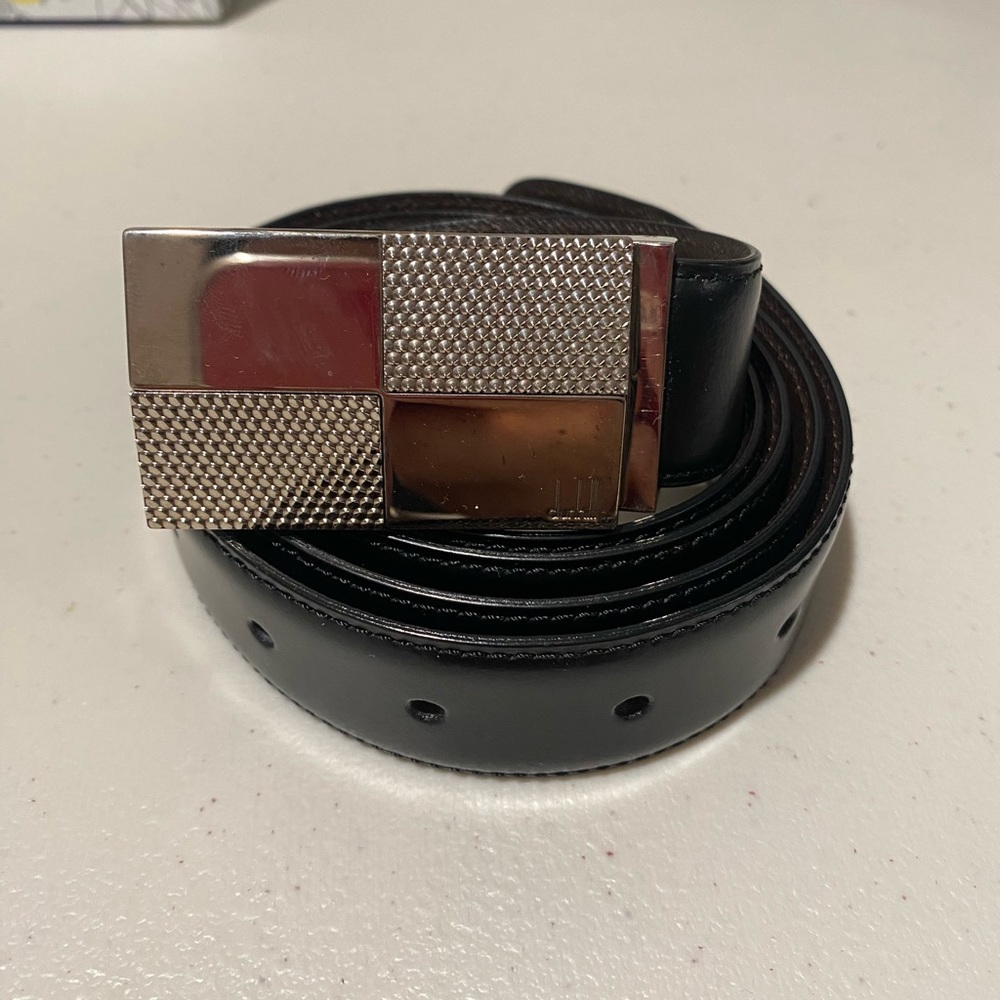 Dunhill men’s luxury reversible Leather belt with silver puzzle buckle